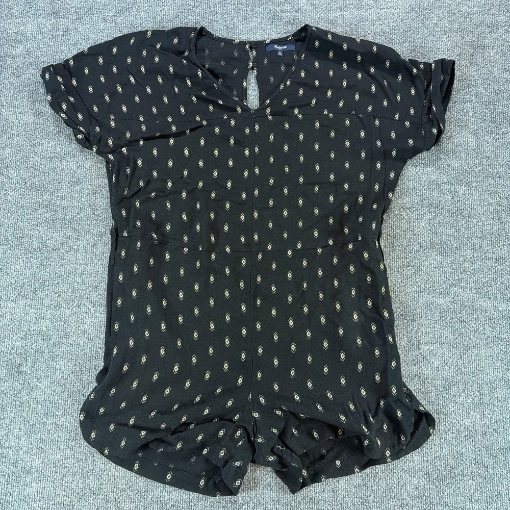Madewell Womens Black Diamond Print Short Sleeve Romper V-Neck Pockets Size Med